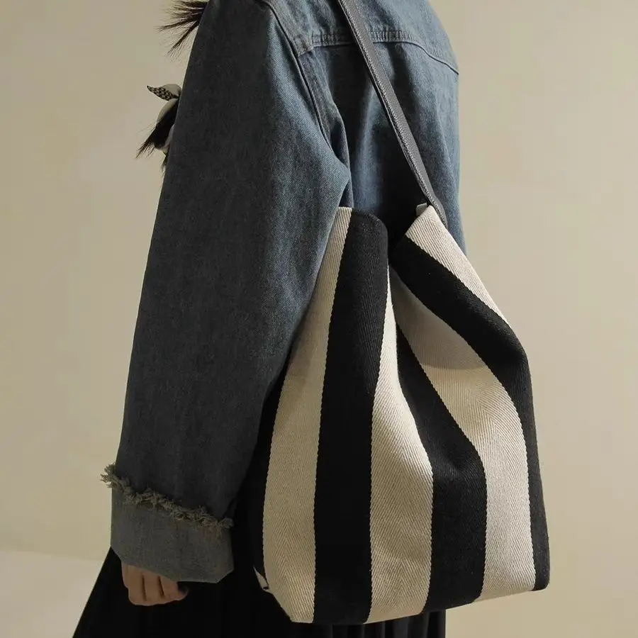 Bolso de mano de lona a rayas para mujer, bolsa de hombro suave, Simple, a la moda, de alta capacidad