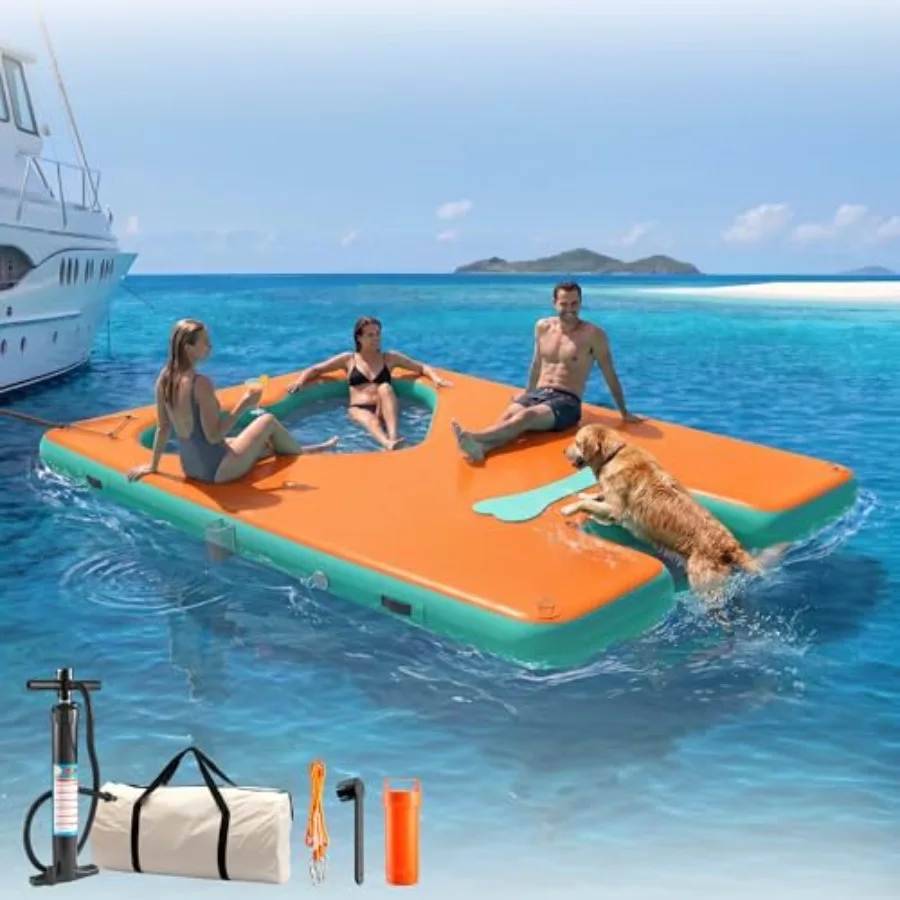 Multi-People Inflatable Floating Dock for lakes, pools, boats; heavy-duty PVC material; gray color; extra-large 10x6FT size wit
