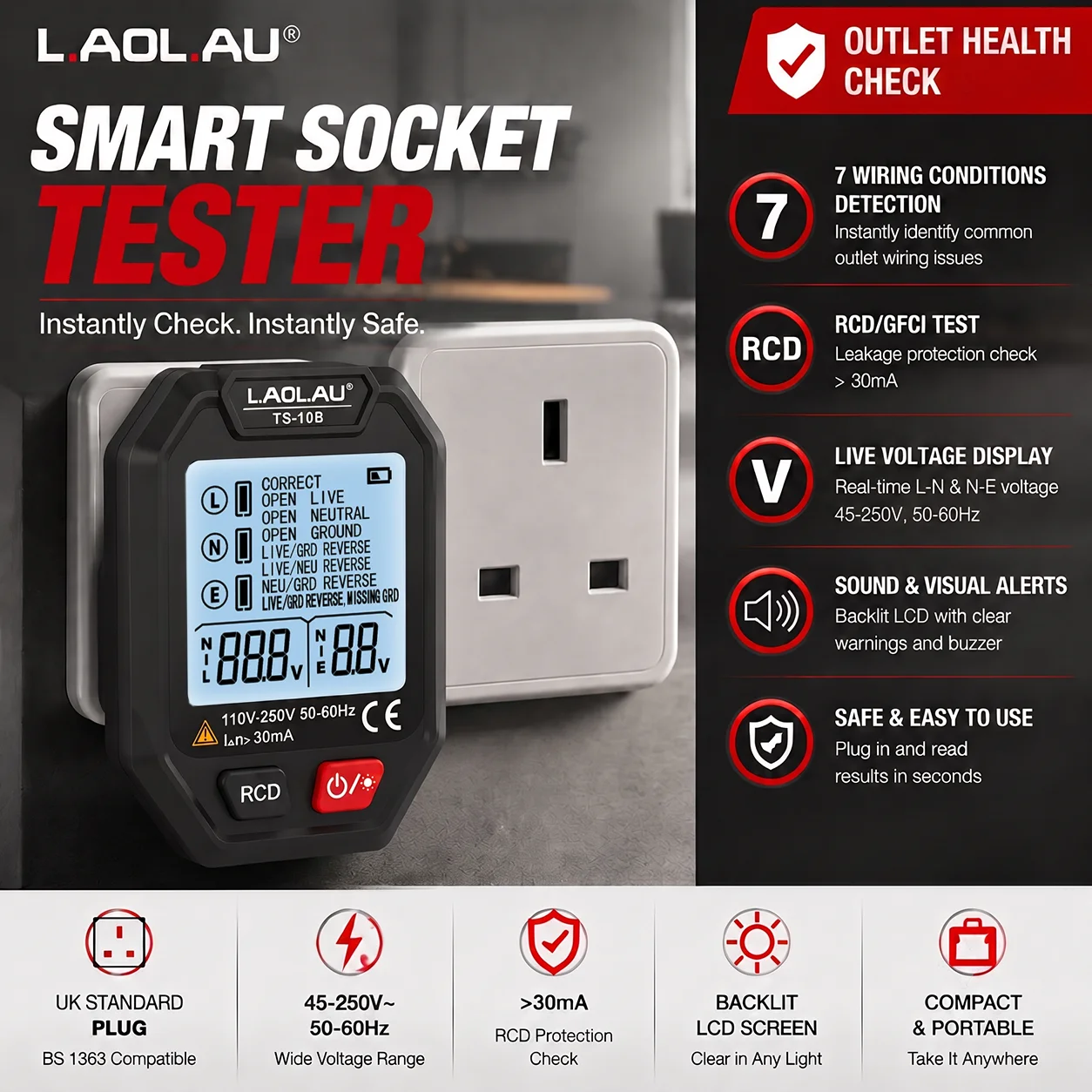 TS-10B UK Plug Socket Tester, Electrical Outlet Receptacle Checker, LCD Voltage Display, Wiring Fault Detector, RCD Leakage Test