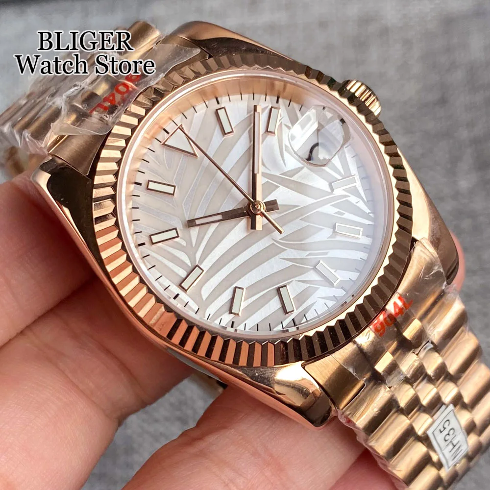 

BLIGER Rose Gold Fluted Bezel NH35A 36MM/39MM Automatic Men Watch Palm Dial Green Lume Index Sapphrie Crystal Jubilee Strap