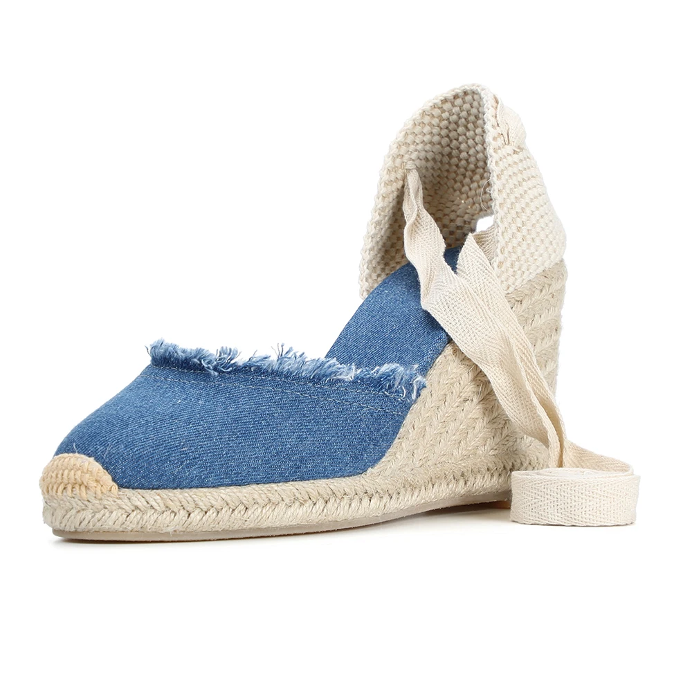 

9cm Sandalias Mujer Special Offer Denim Sandals Sapato Feminino Sapatos Mulher Espadrilles Wedge With Ankle Strap