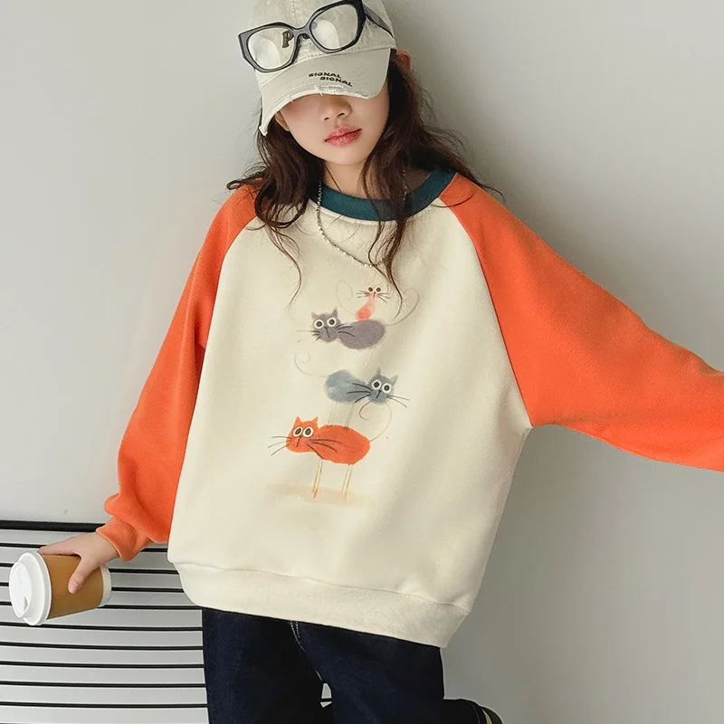 New Winter Kids Warm Thermal Sweatshirt With Cat Girl Cheap Price Thicken Fleece Lined Outerwear Top Children Insulated Clothing