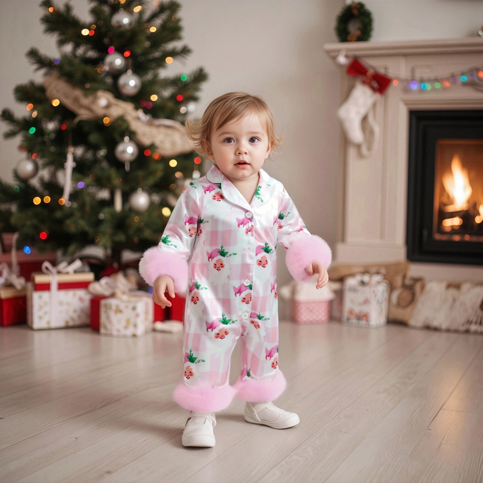 

Christmas Pajamas Infant Baby Girl Santa Claus Print Romper Long Sleeve Button Down Lapel V Neck Sleepwear Jumpsuit