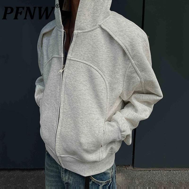 PFNW Vintage Tide Deconstructed Silhouette Solid Color Short Hooded Sweatshirt Men's Loose Casual Zipper Cardigan Jacket 12C1906