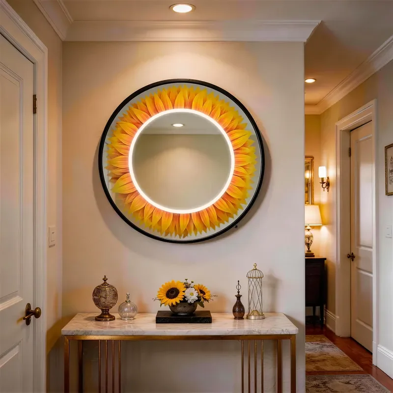 Round Sunflower LED Wall Mirror Warm Natural Art Light for Living Room Bedroom Porch Home Decor Modern Circular Backlit