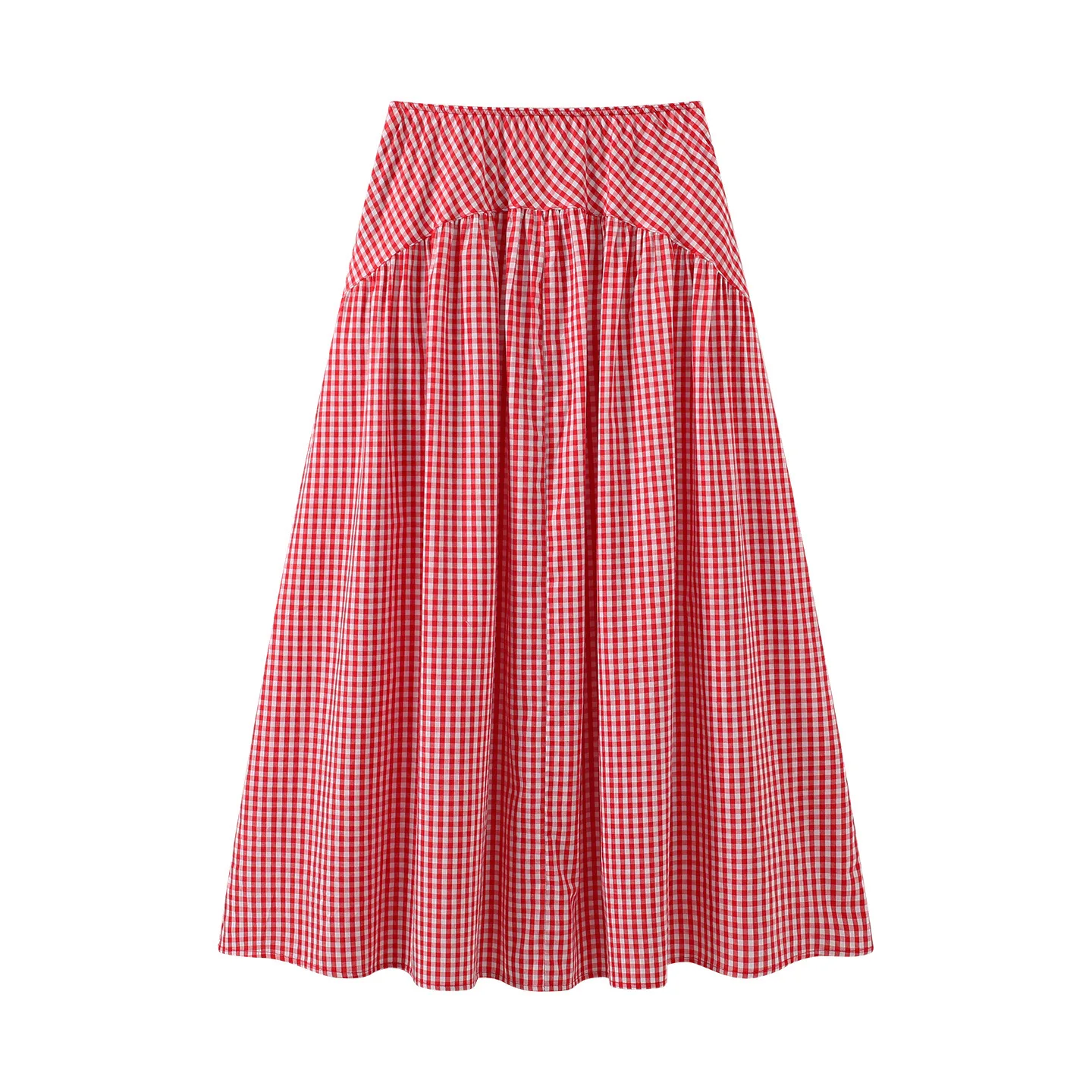 Maxdutti Color Blocking Plaid Midi Skirt 2026 Summer New Sweet And Stylish High Waisted Spliced Large Swing Long Skirt