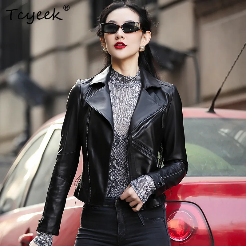 Tcyeek Sheepskin Spring Autumn Trendy Suit Collar Black Short Women Genuine Leather Jacket Женская Кожаная Куртка Jaqueta Couro
