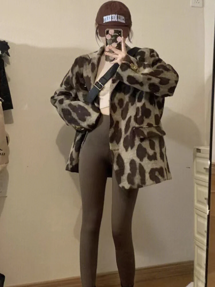 Leopard Patterned Blazer Tweed Jacket Woolen Coffee Suit Coat Women Autumn Spring Winter Elegant Female Loose Overcoat Outerwear