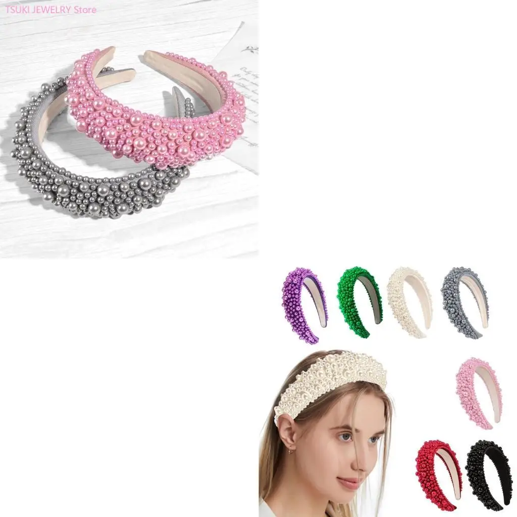 

62KE Шикарная повязка на голову из мягкой губки с украшением из жемчуга для повседневного ношения, свиданий и вечеринок