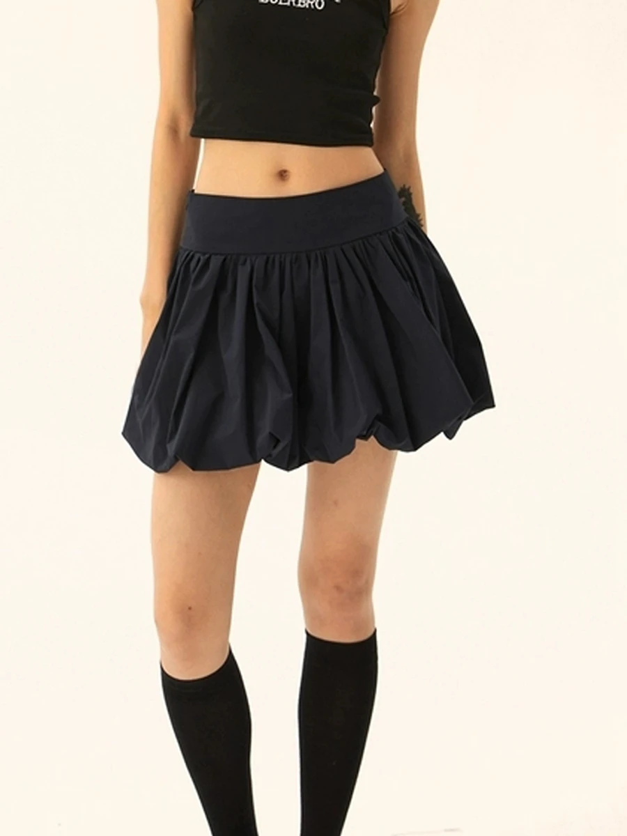 Women Bubble Mini Skirt Casual Summer Solid Color Elastic Waist A-Line Skirt for Beach Vacation Club Streetwear