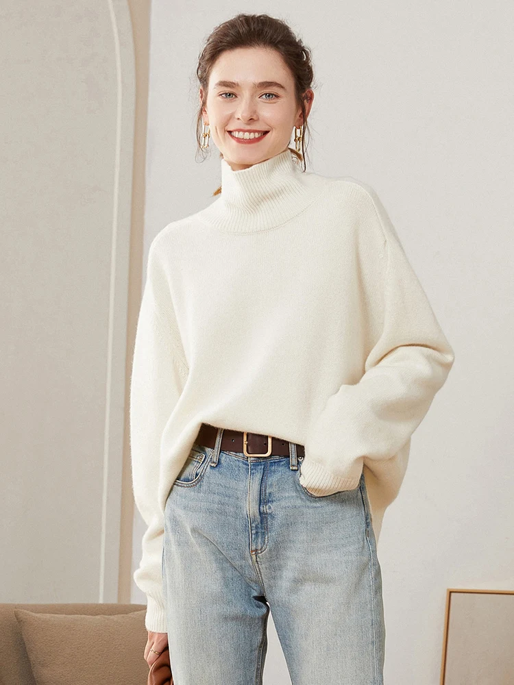 Pullover Sweater Women's Solid Color Loose Thick Warm Soft Comfortable High-Grade Turtleneck Cashmere Sweater Top Autumn Winter