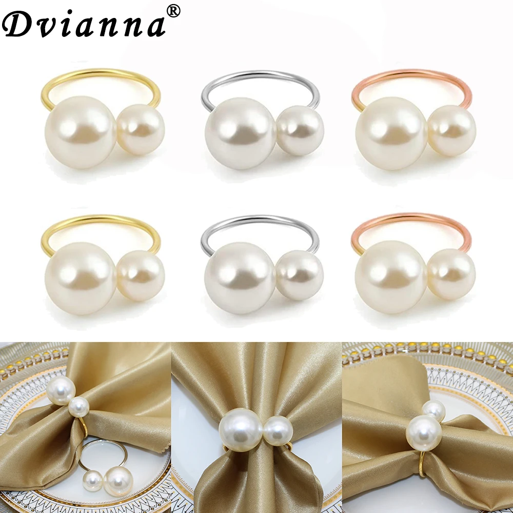 Dvinana 6/12/24Pcs Pearl Napkin Rings Gold Napkin Ring Holders for Wedding Party Formal or Casual Dinning Table Decor HWP23