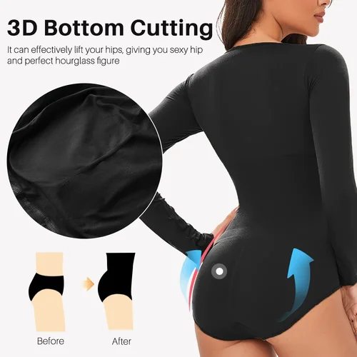 Imagen 2 del producto Ropa interior femenina, Body de una pieza con entrepierna abierta, entrenador de cintura sin costuras de manga larga, moldeador de cuerpo, ropa moldeadora de vientre plano para mujer