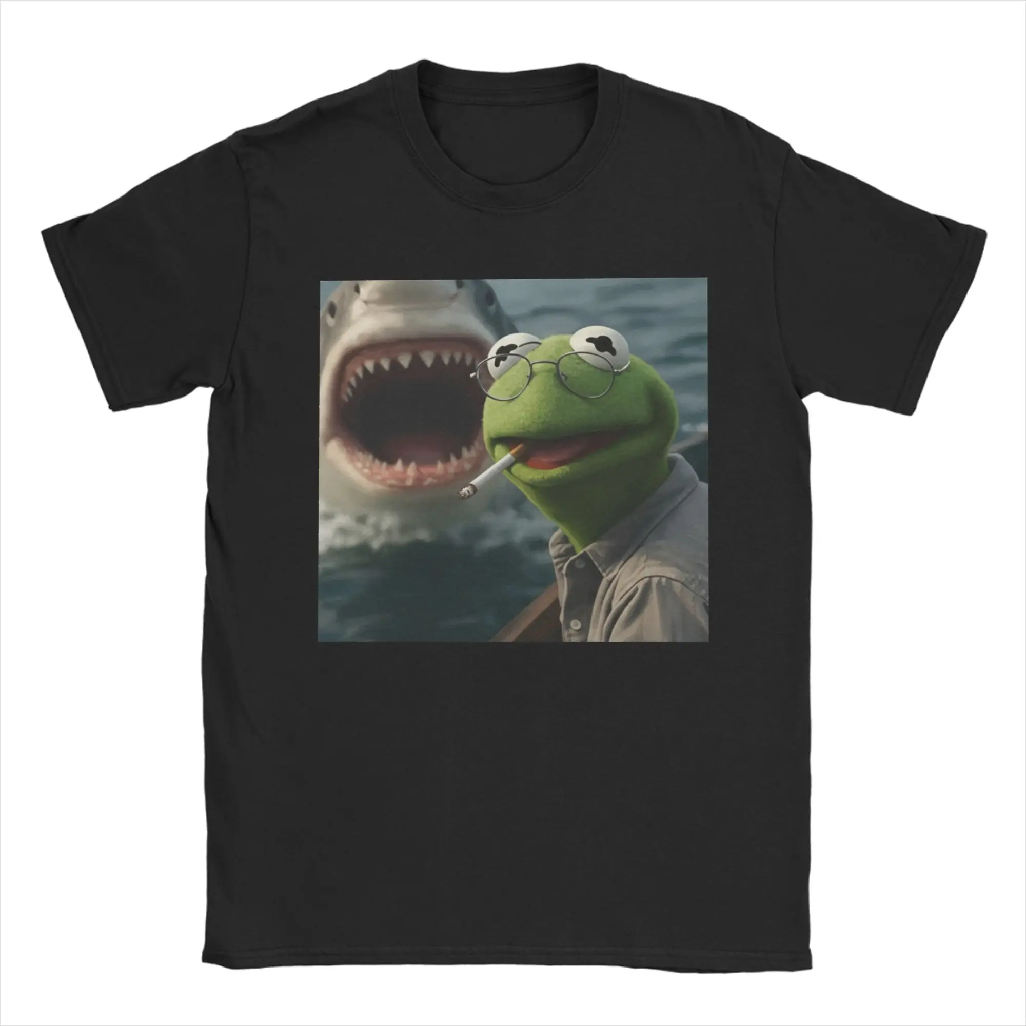 Vintage Frog Kermits Smoking Meme T-Shirt for Men Crew Neck Pure Cotton T Shirts Shark Attack Short Sleeve Tee Shirt 6XL Clothes