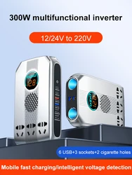 240W/300W Car Power Inverter Adaptor Multifunctional 12/24V Power Inversor Six USB Socket Charger Intelligent Digital Display