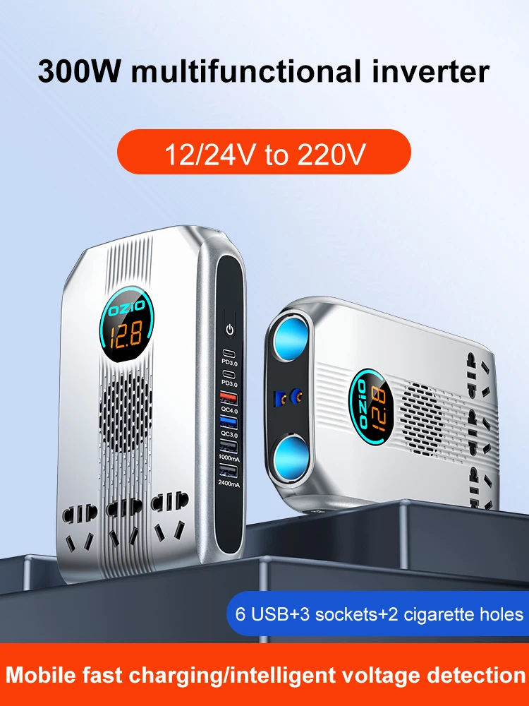 240W/300W Car Power Inverter Adaptor Multifunctional 12/24V Power Inversor Six USB Socket Charger Intelligent Digital Display