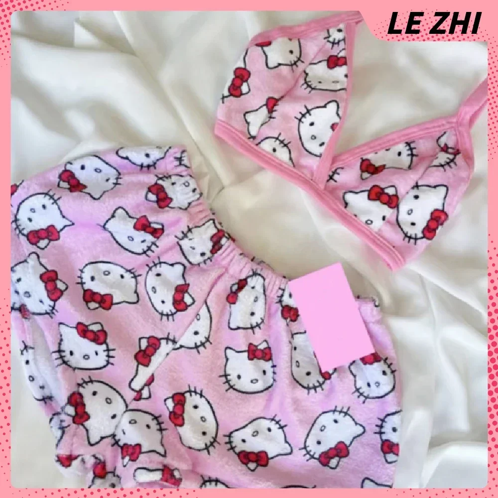 Summer Day Kawaii Hello Kitty 2Pcs Pajama Set Spice Girl Casual Home Shorts Full Print Beach Holiday Set Women Swimming Clothes