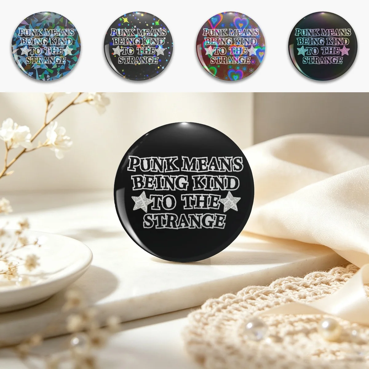 Punk Means Being Kind - Grunge Typography Quote Design Pin Holographic Star Heart Pin Brooches Laminated Button Fashion Accessor