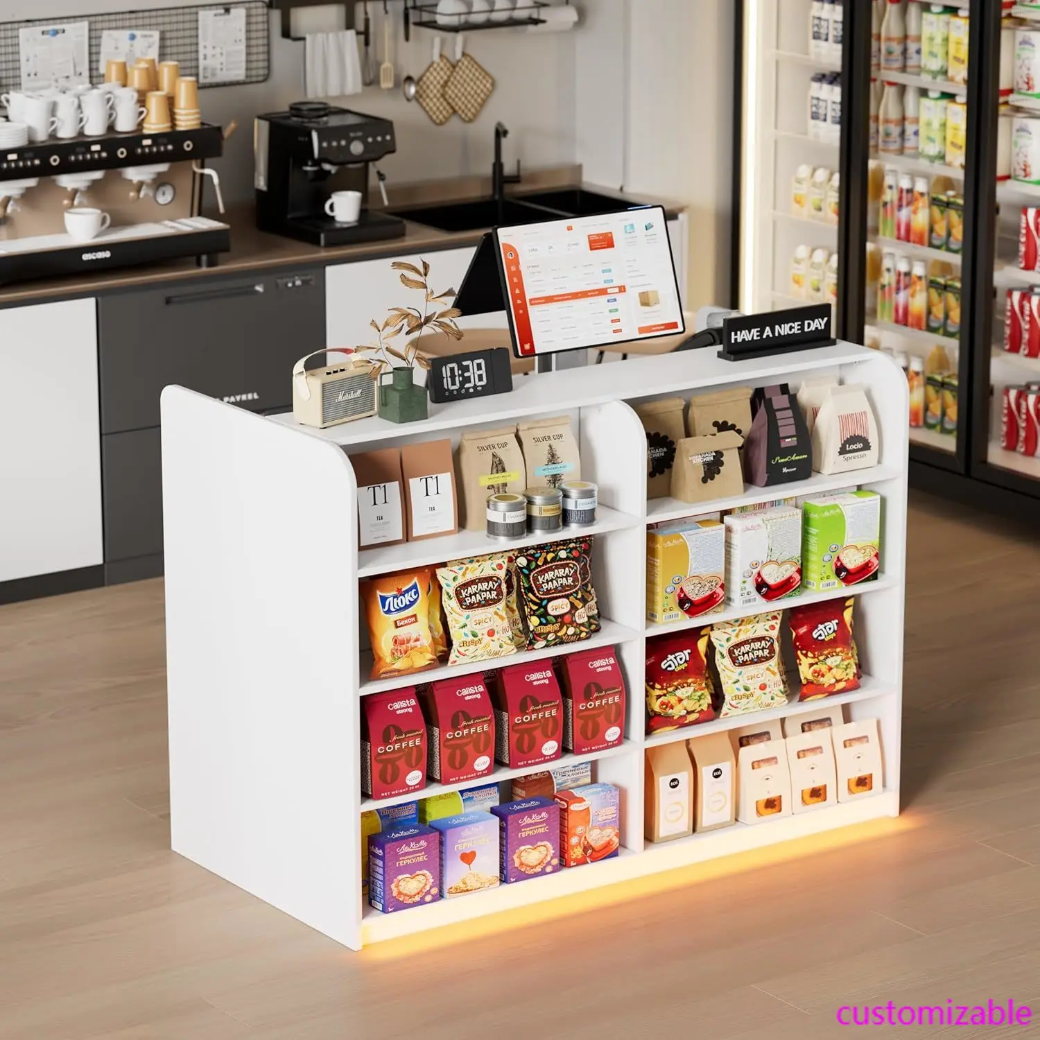 مكتب استقبال مع عداد للبيع بالتجزئة والخروج، وعداد استقبال أمامي حديث مع أضواء LED وأدراج وأرفف مفتوحة