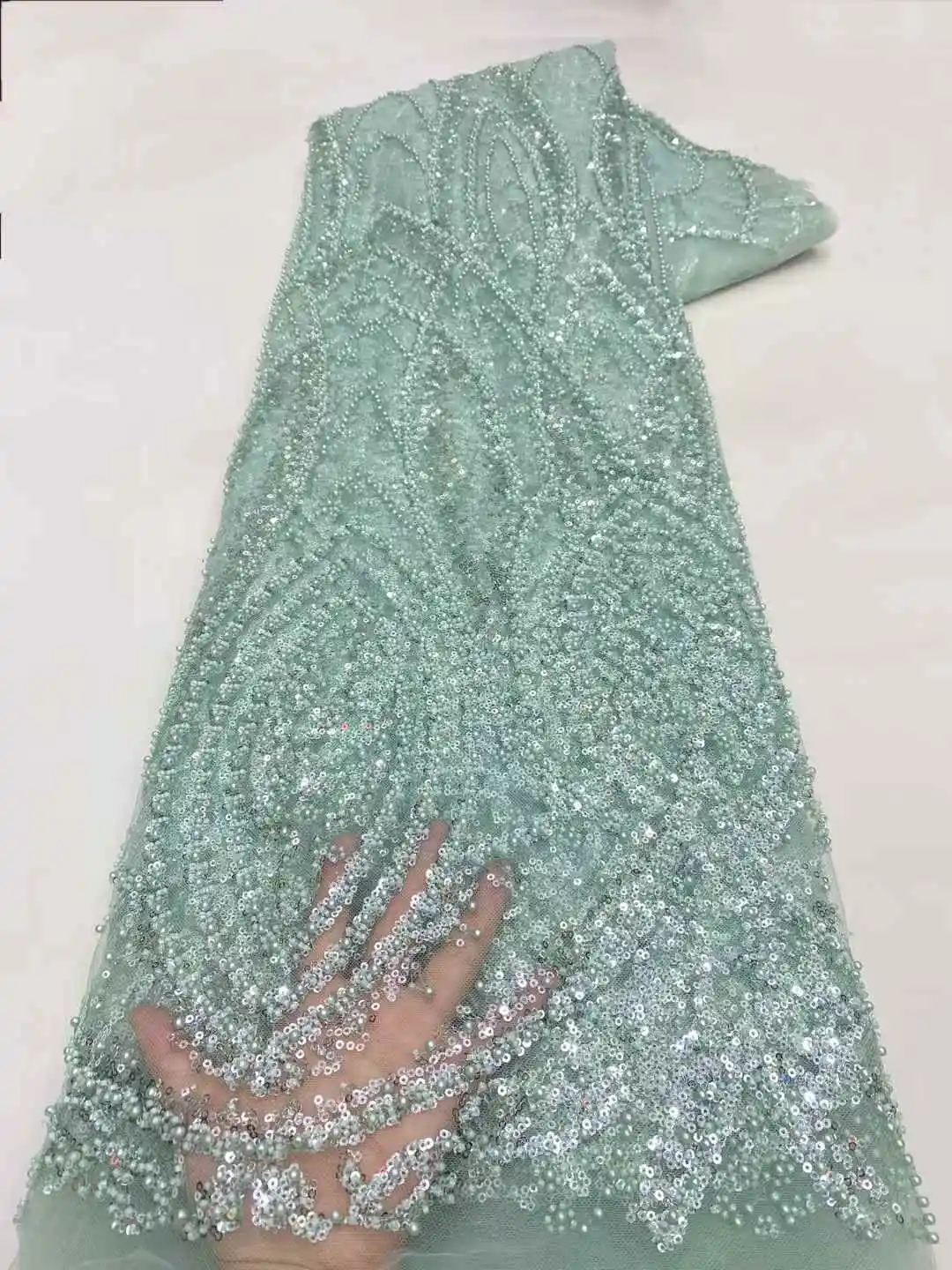 

5Yards Luxury Beaded Sequin Lace Fabric African French Mesh for Wedding Dresses Sewing 2025 Style Beadwork Mesh Lace sewing