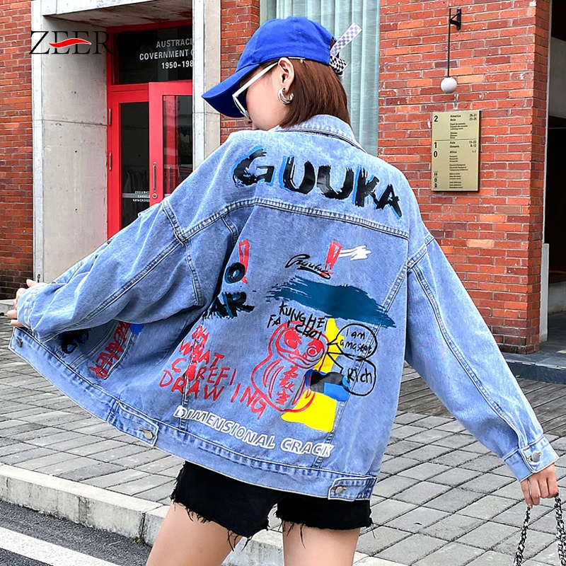 

Streetwear Women Long Sleeve Graffiti Alphabet Print Jeans Jacket Female Loose Vintage Denim Coat Student Basic Oversized Coats