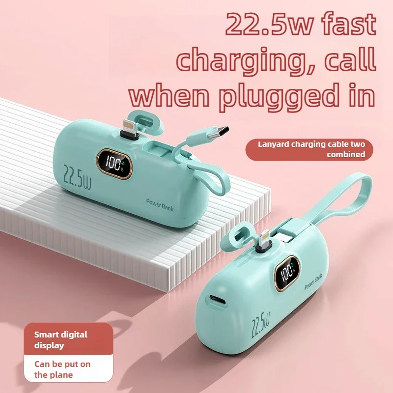 5000mAh Compact Power Bank 22.5W PD Fast Charger with Built in Type C and Lightning Cable for iPhone Samsung Xiaomi External