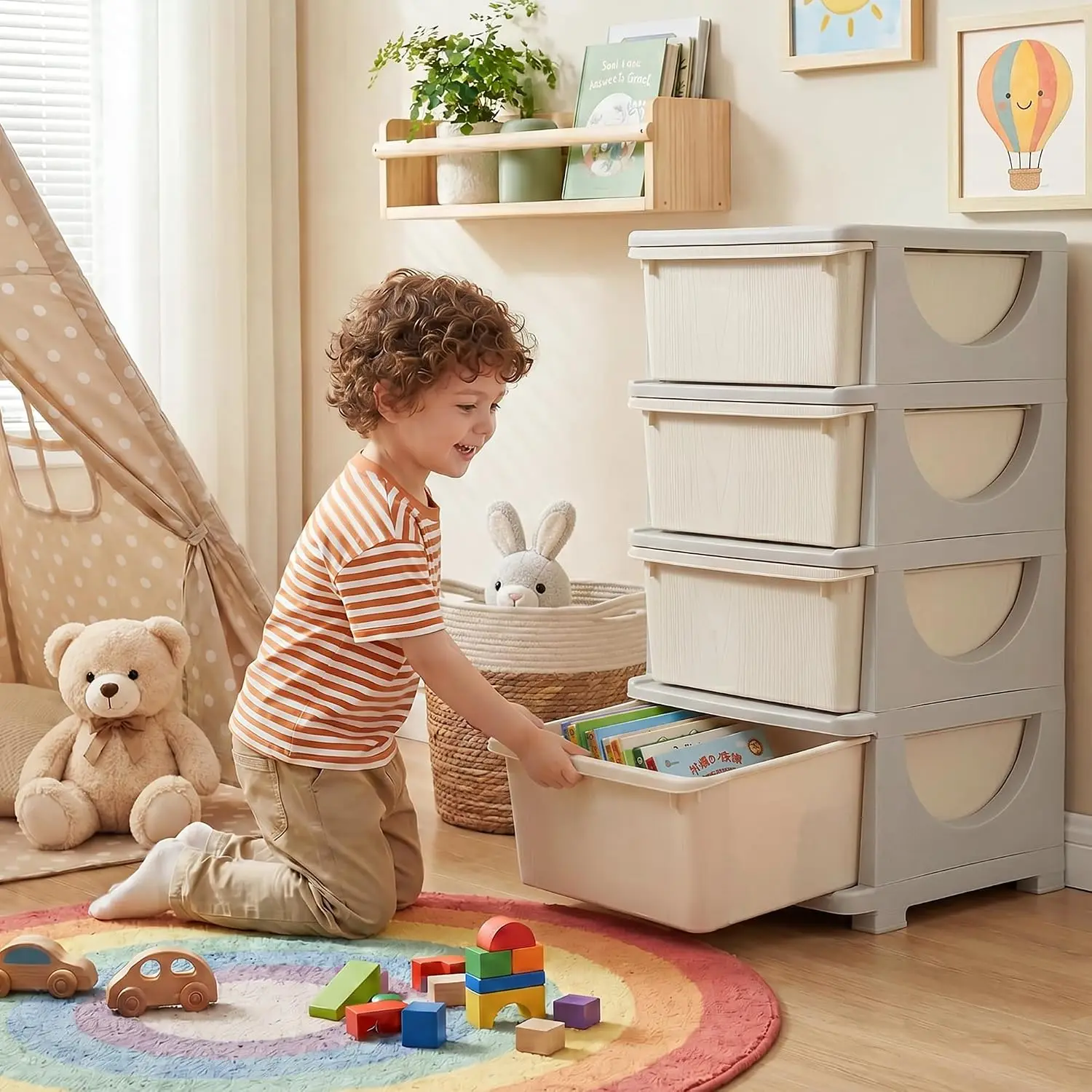 4 Tier PE Kids Storage Drawer, Toy Book Storage Cabinet Smooth Rounded Safe Corners, Wipe Clean With Damp Cloth, Burr-Free Smooth Edges, Multi Item Classification Storage
