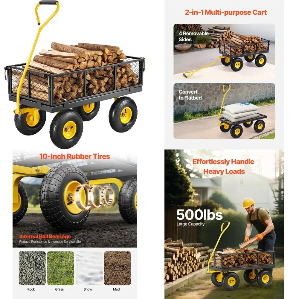 

Heavy-Duty 500 lbs Capacity Steel Garden Cart with Pullable Wheels and All-Terrain Tires