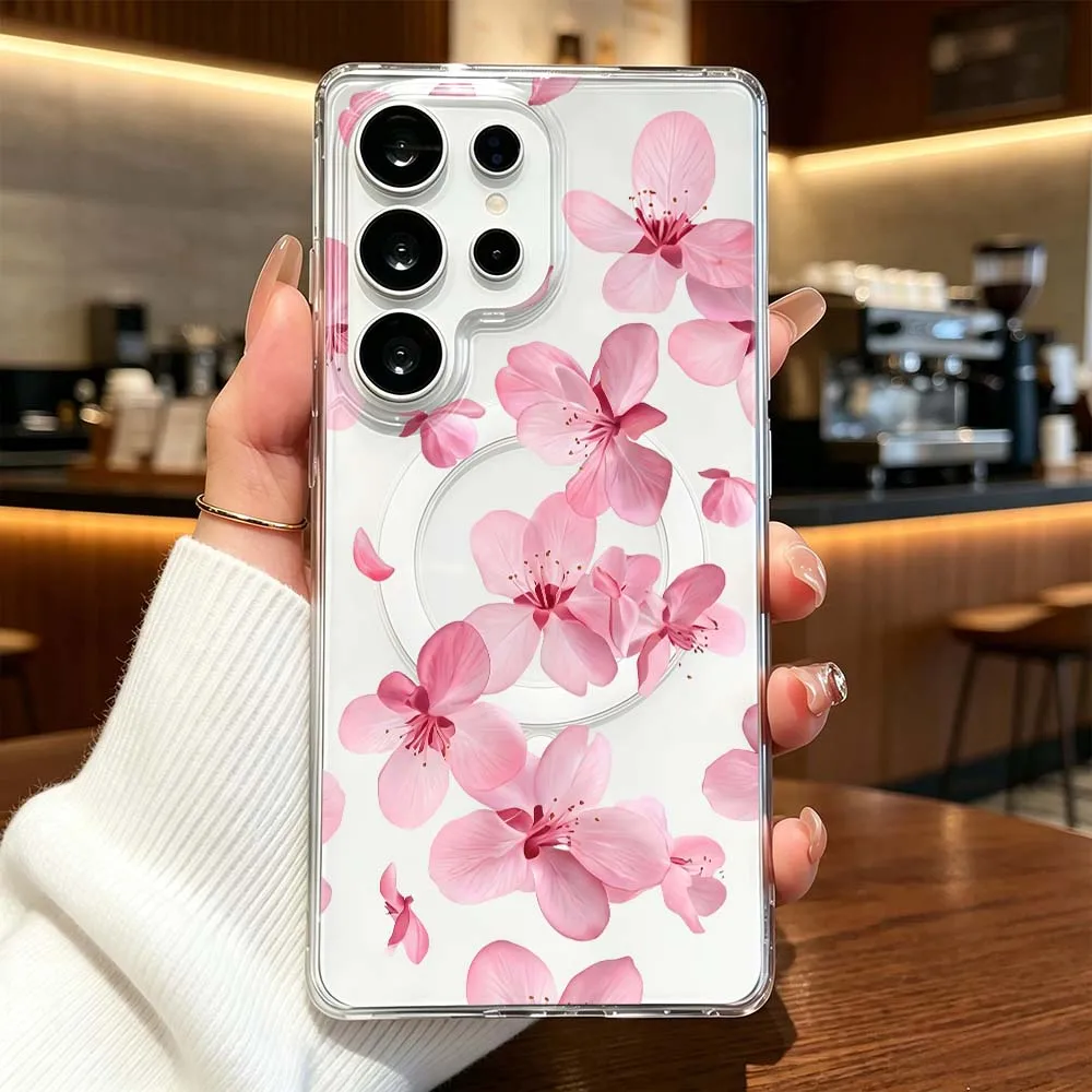 Stylish Pink Floral Phone Case For Samsung Galaxy S26 S25 S24 S23 S22 A56 FE Plus Ultra Transparent Magnetic Cover