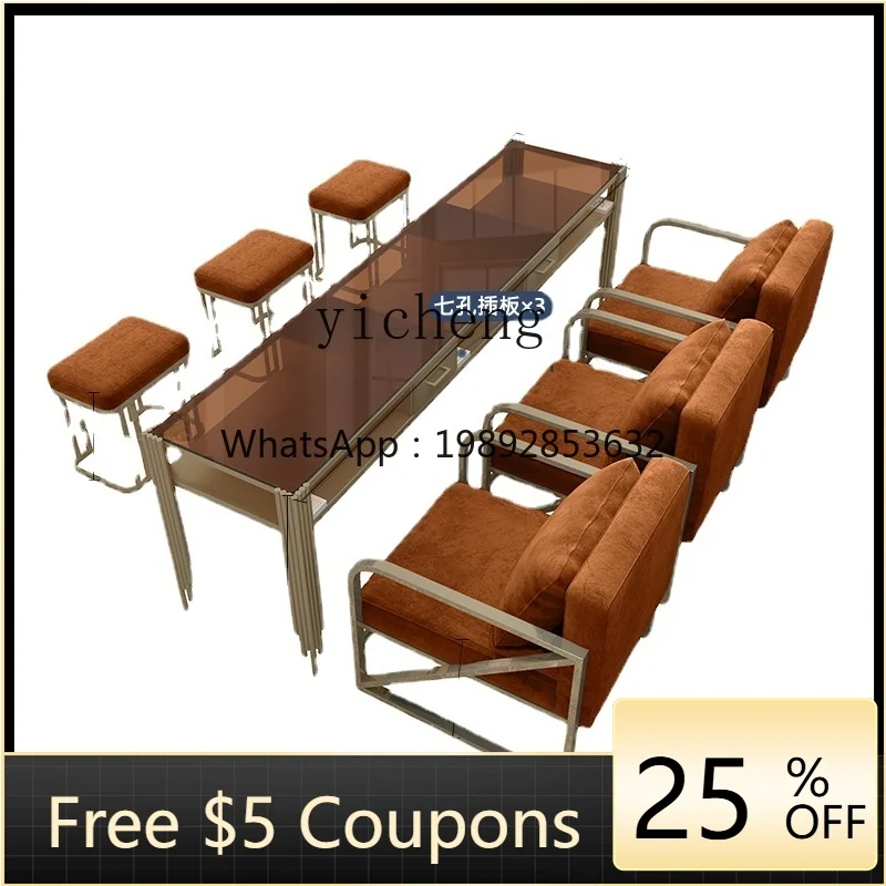 

Caramel Brown Nail Table Glass with Socket Nail Shop Table Sofa Combination