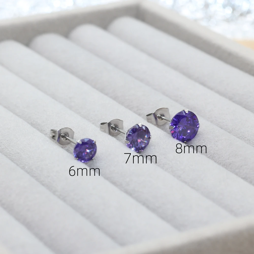 6 7 8mm Round Purple AAA Zircons Stainless Stell Stud Earrings Golden IP Plating No Fade Allergy Free