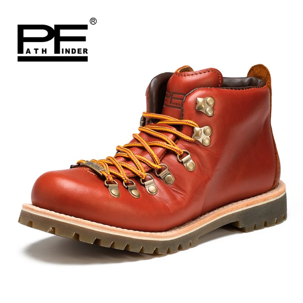pf Fashion Men's Genuine Leather Engineer Boots Work Shoes Outdoor Goodyear-weld Women Mid-calf Western Cowboy Boots Non-slip