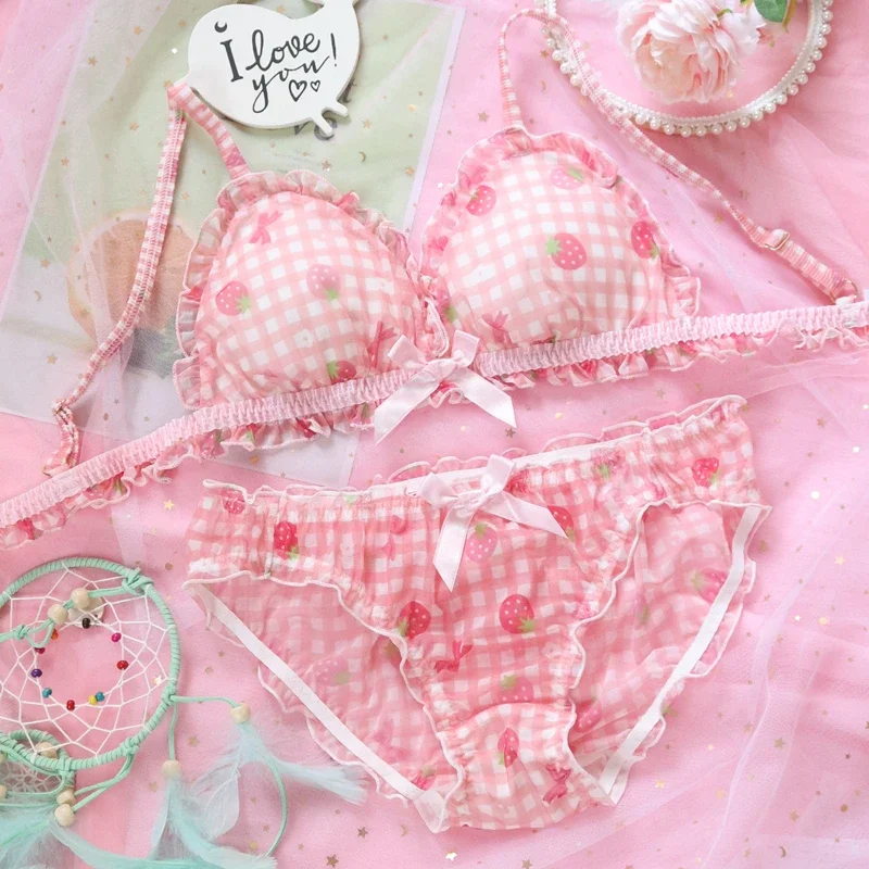 Lolita Underwear Sweet and Cute Lace Lingerie with Briefs Girl Cute Bra Set Student Sexy Panties Wire Free Bra Bralette Lingerie