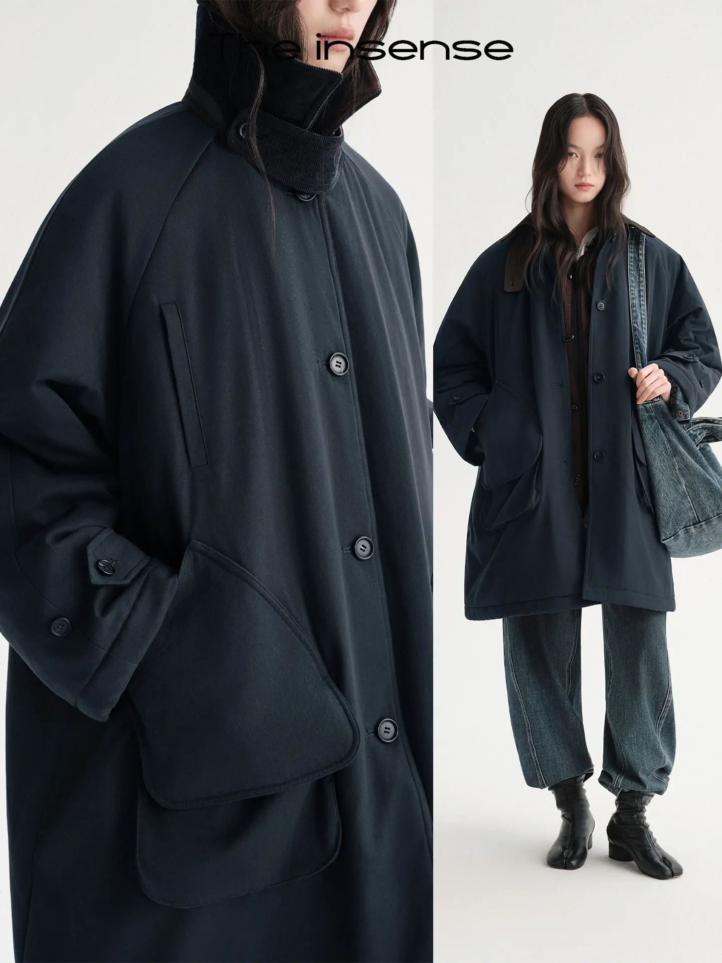 

Insense Vintage Workwear Waterproof Padded Jaet Mid-Length Layered ket Cotton Coat for Women Commute Sle Loose Fit