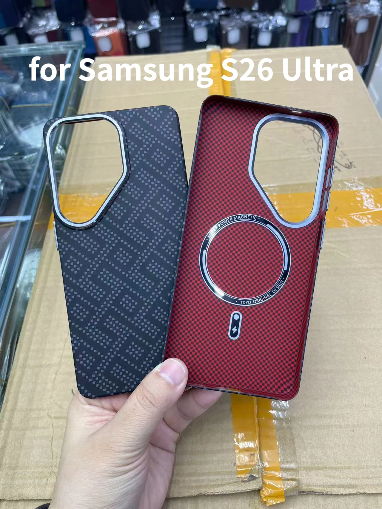 

Business Carbon Fiber Texture Case for Samsung S26 Ultra Mobile Phone Case Magnetic Alloy Lens Shockproof Hard Cover Protective