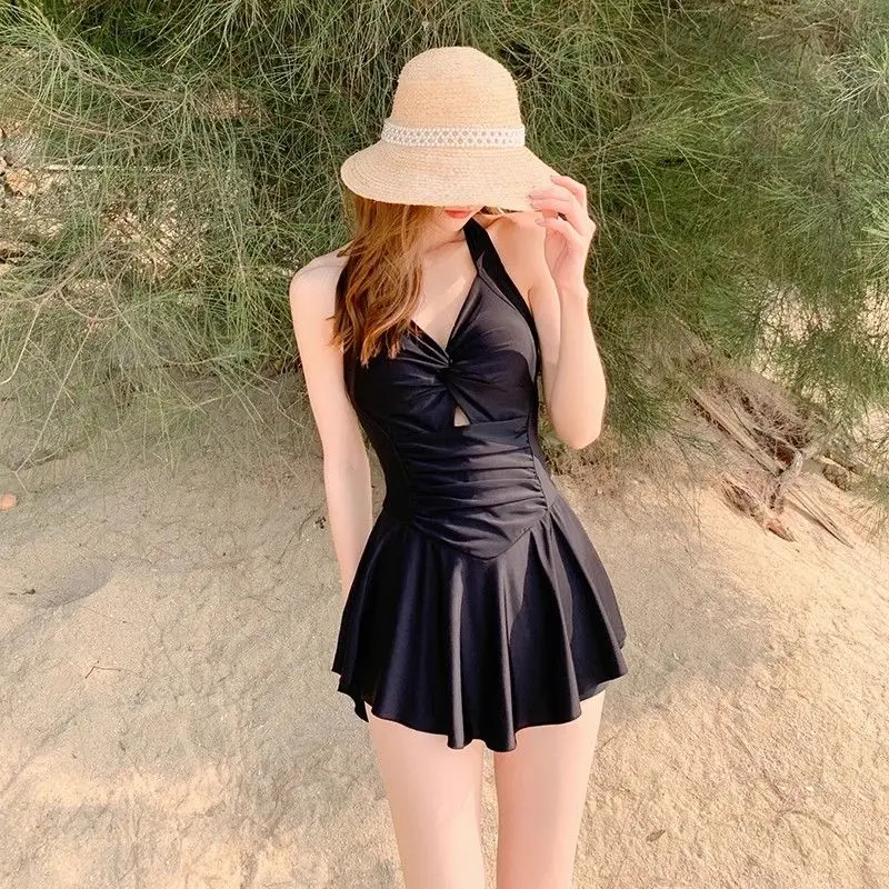 Popular One-piece for Women 2025 New Skirt Style Conservative Square-angle Halterneck Backless Slimming Hot Spring Swimsuit