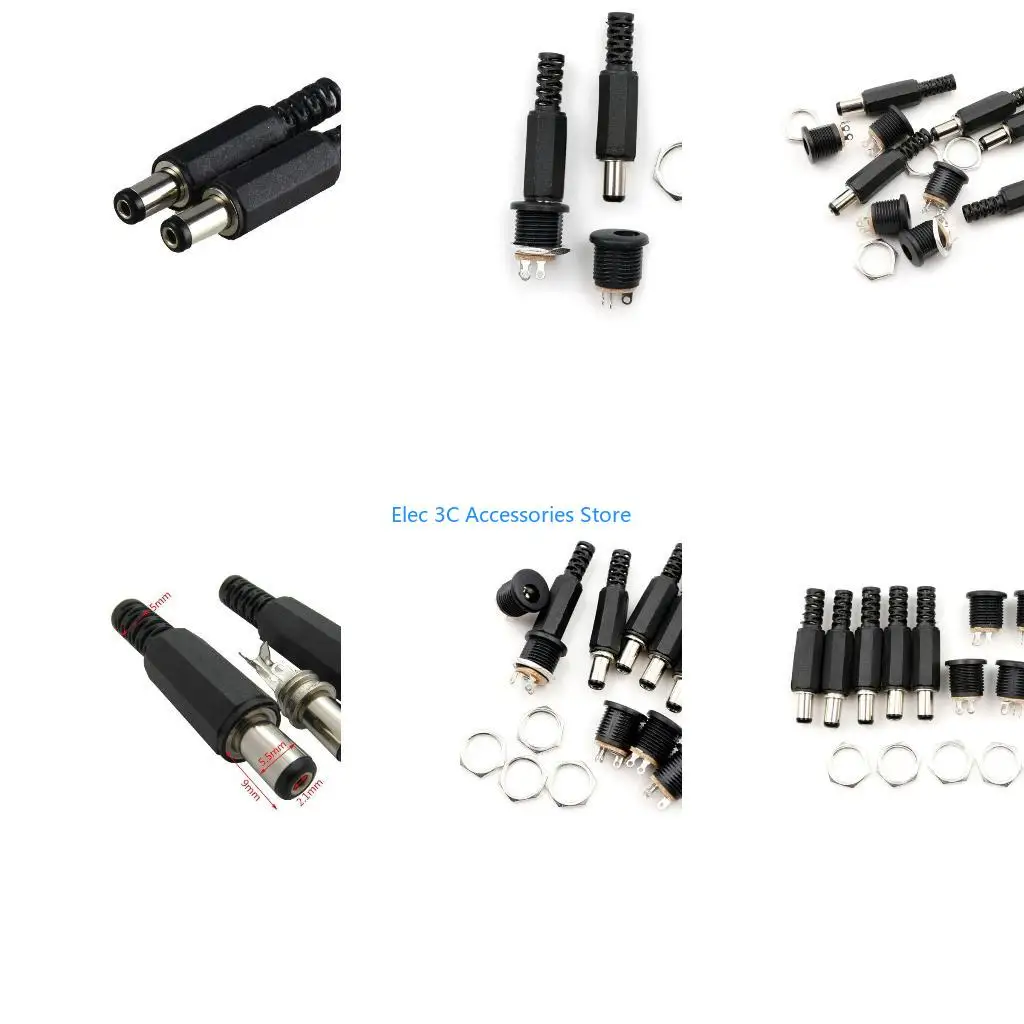 Y51A 12V 3A for DC 2.1mm x 5.5mm Wire Power Pigtails Adapter DIY for DC Barrel Connector Plastic Male Plugs + Female Socket