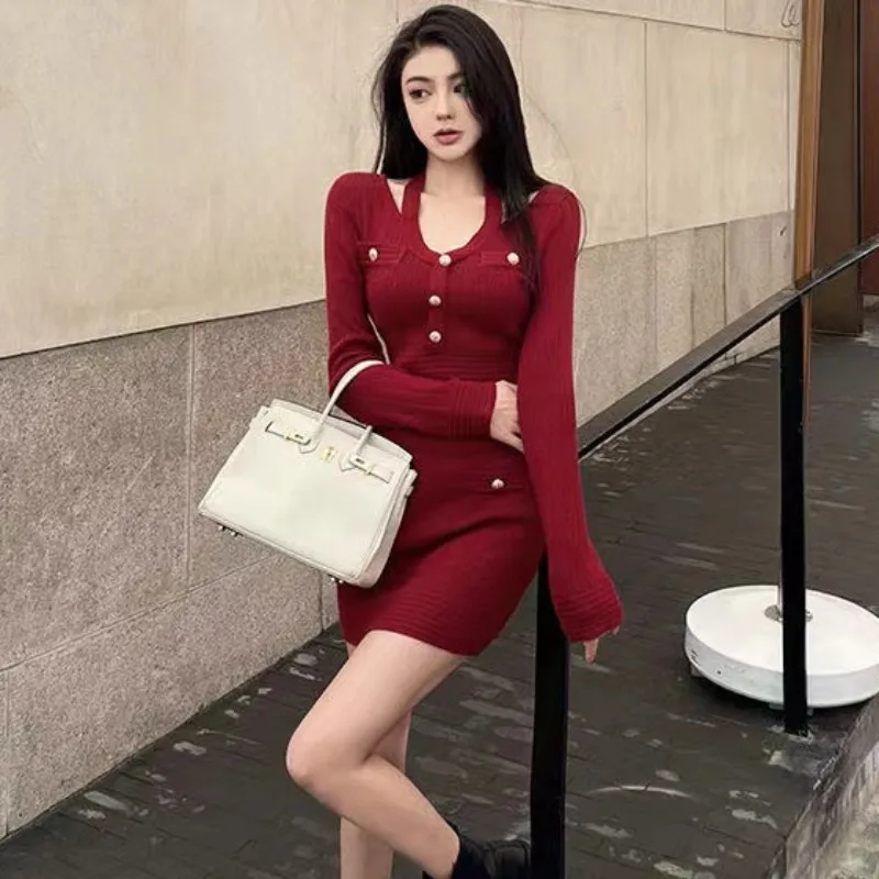 2023 Spring Autumn Sexy Bodycon Knitted Dress Women Halter V-neck Korean Chic Robe Mini Solid Vestido Lady Elegant Slim Dresses