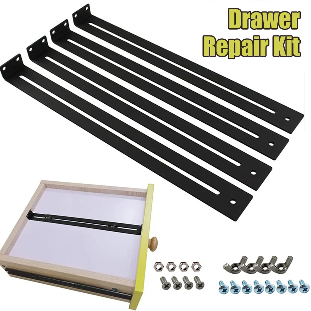 4pcs Drawer Repair Kit with Screws Furniture Repair Accessory Bracket Bottom Support Tool Set for Wooden/Chipboard/MDF Drawers