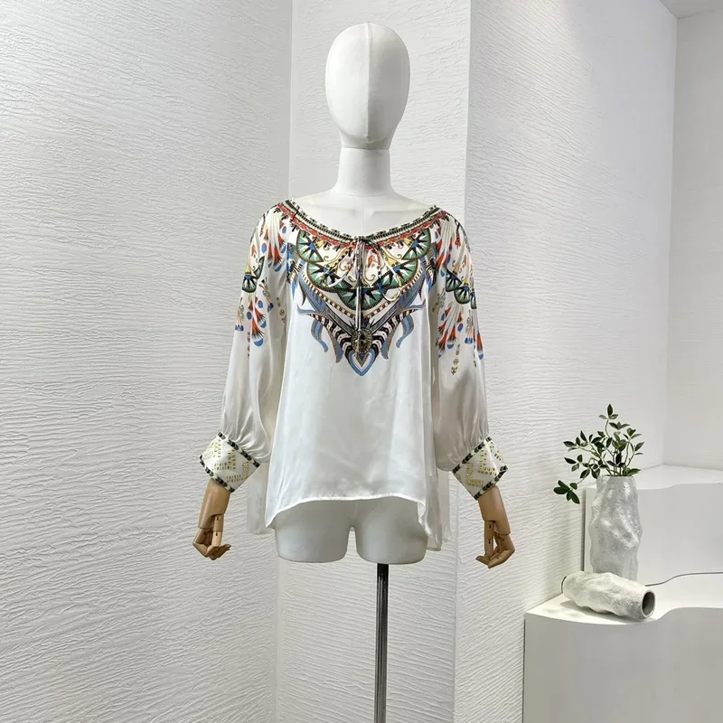 

High Quality Silk Women White Long Sleeve Floral Print Loose Blouse Tops 2024 New Arrival