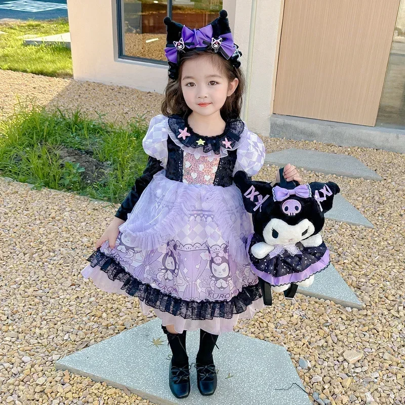 Cute Kuromi Princess Dress Sanrio Anime Autumn Children Cotton Dress Skirt Cgirl Heart Cartoon Long Sleeve Dress Tide Kid Gift