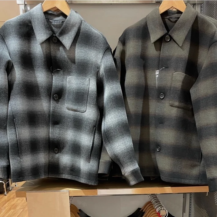 

Double-Sided Woolen Casual irt-Sle Jaet Men's Outerwear Autumn Winter Faion Trend Loose Fit Long Sve Plaid Pattern