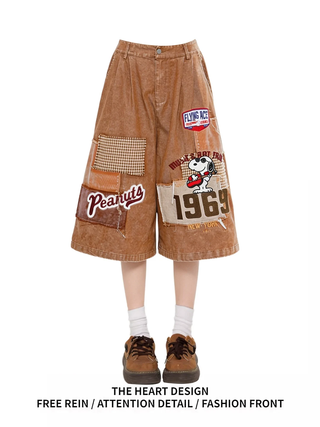 

Retro American Coffee Cartoon Embroidery Patchwork Jeans High Waist Wide Leg Pants Loose Fit Slimming Summer Denim Shorts