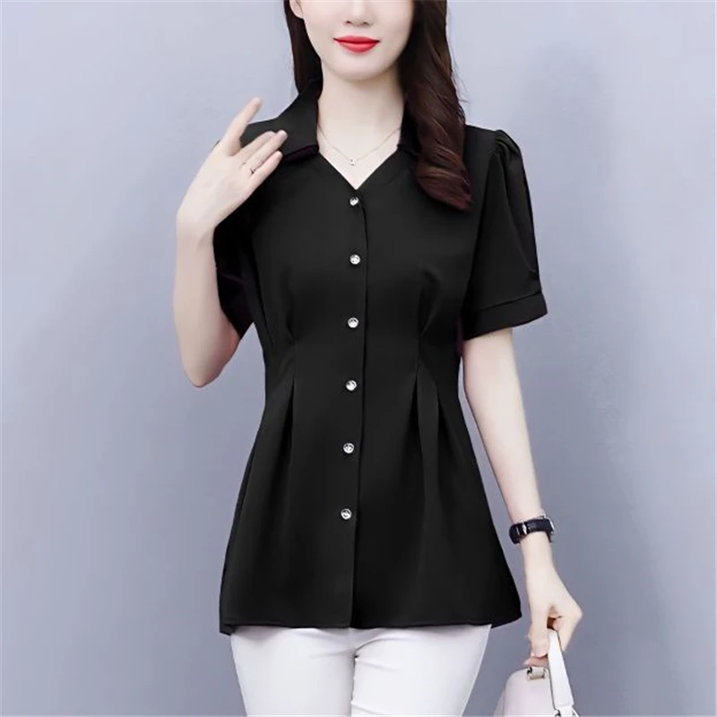 Women Ruffled Elegant Tunic Tops Summer Fashion Office Lady Business Casual Button Shirts Solid Slim Short Sleeve Blouses Ropa