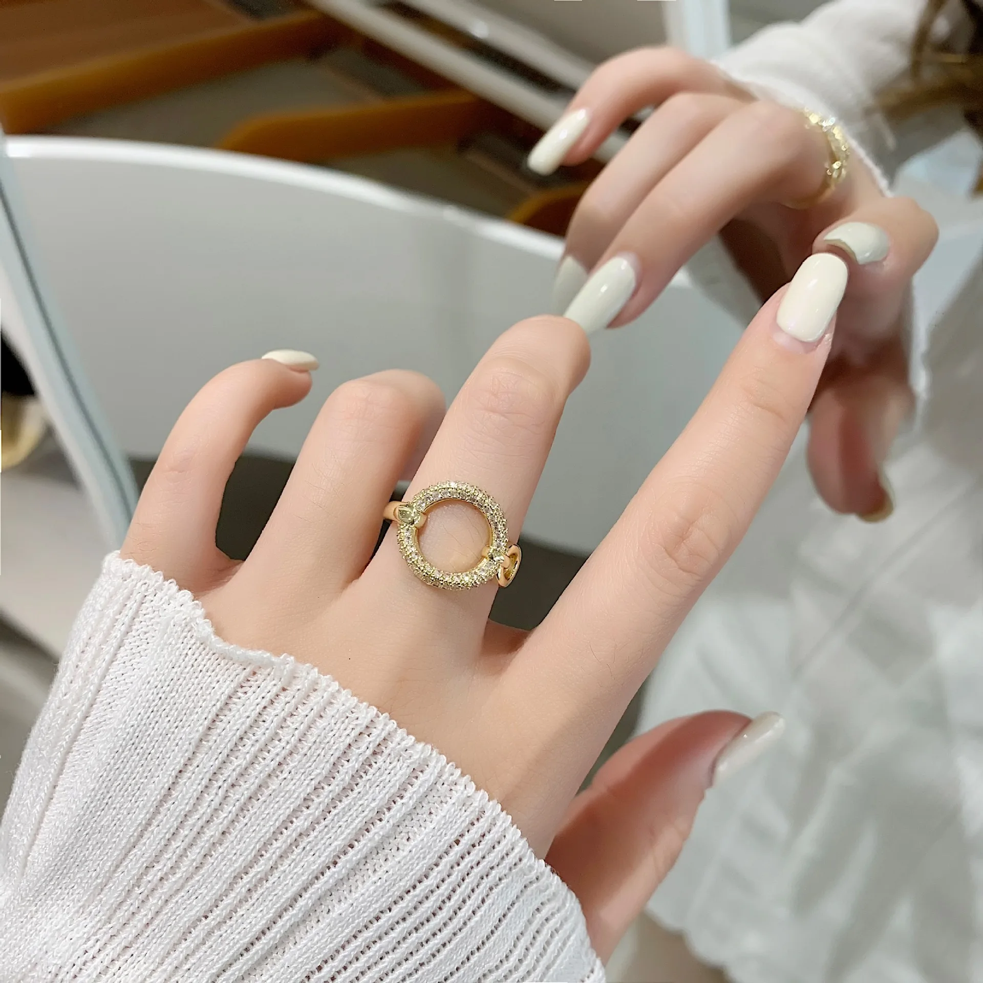 Rhinestone Covered Open Ring for Index Finger Simple Elegant Minimalist Jewelry for Women Korean Style Silver Tone Standard Size