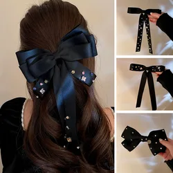 Horquillas de lazo de cristal de lujo negro, Cinta Larga, pinzas para el cabello de diamantes, accesorios para el cabello para mujeres y niñas, pasador de cola de caballo de estilo