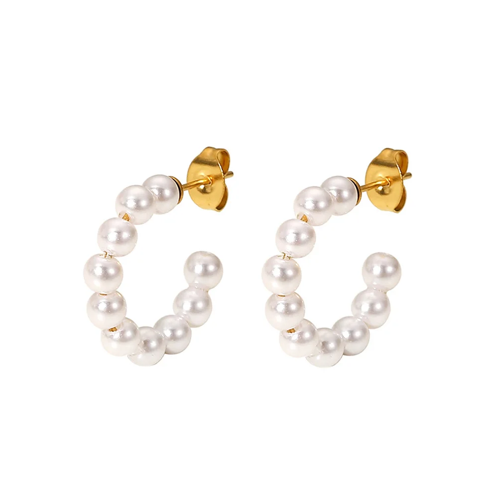 CC Shape Mini Pearl Circle Hoop Earrings For Women Simple Statement Stainless Steel Earring Orecchini Da Donna