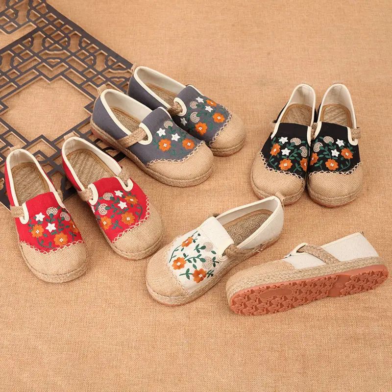 Ethnic Vintage Women Slipper Summer Flat Shoes Linen Woven Wedge Cloth Shoes Soft Sole Walking Sandal Ladies Casual Flat Shoes