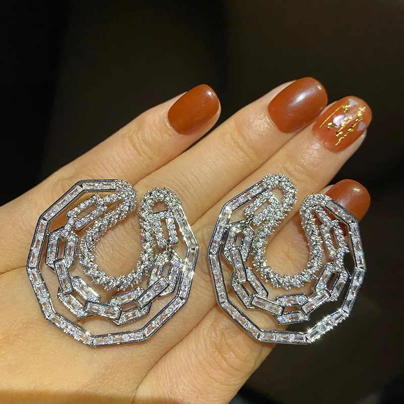 Luxury Hollow Octagonal Chain Style Stud Earrings Full Paved Shiny Cubic Zirconia Geometric Statement Earrings Elegant Daily