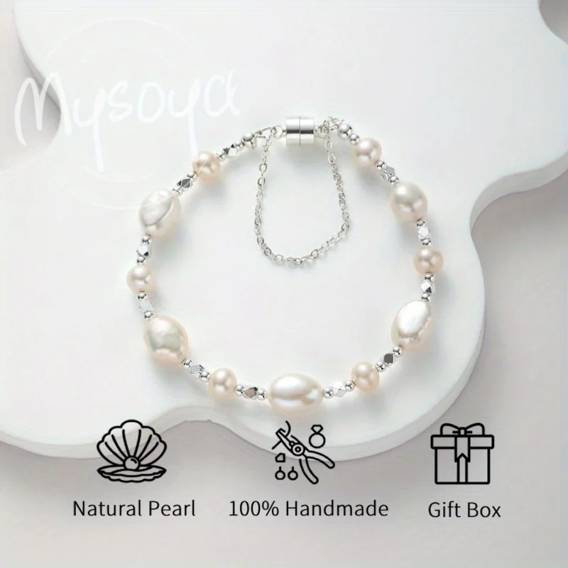 

MYSOYA 8-9 мм браслет из натурального белого пресноводного жемчуга для женщин и мужчин с подарочной коробкой, ювелирное изделие на день рождения, свадьбу, годовщину, подарок